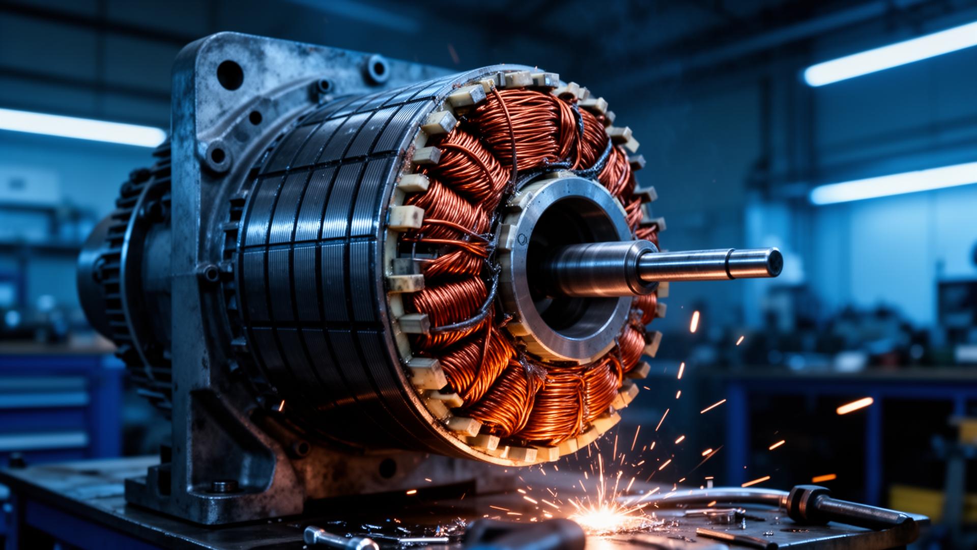 Industrial electric motor stator with copper windings being repaired